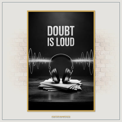 Striking inspirational poster in black and white showing headphones on stacked papers with audio wave visuals, paired with the words “Doubt Is Loud” as a daily reminder of inner strength.