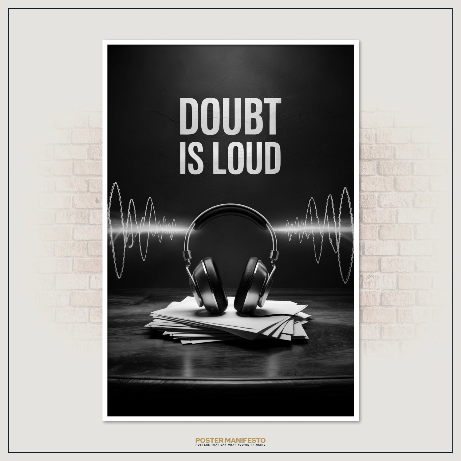 Modern motivational wall decor featuring soundwave graphics, headphones, and the text “Doubt Is Loud,” perfect for offices, studios, and work environments focused on success.
