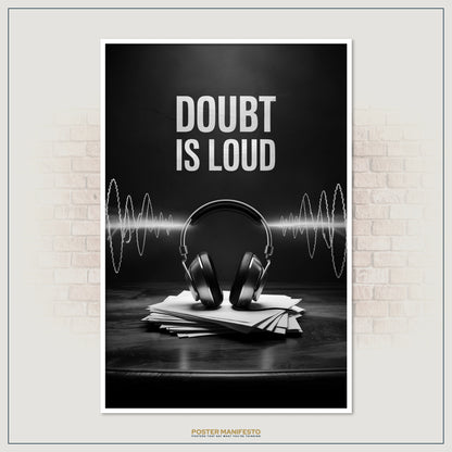 Modern motivational wall decor featuring soundwave graphics, headphones, and the text “Doubt Is Loud,” perfect for offices, studios, and work environments focused on success.