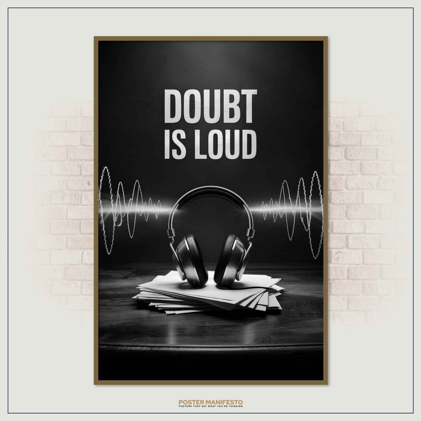 Black and white typography art with a strong motivational message about overcoming hesitation, designed with soundwave imagery and headphones for a bold, creative aesthetic.