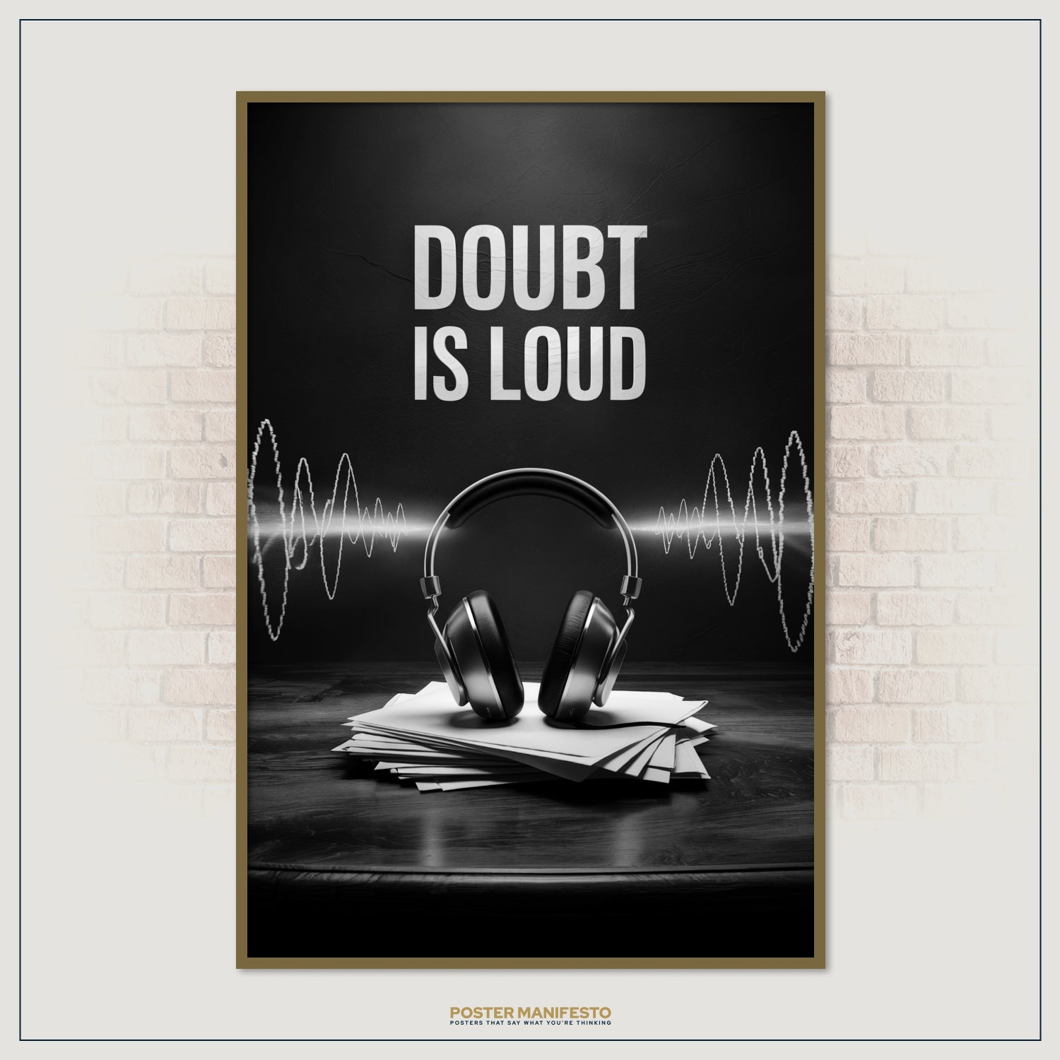 Black and white typography art with a strong motivational message about overcoming hesitation, designed with soundwave imagery and headphones for a bold, creative aesthetic.