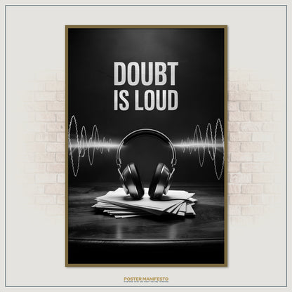 Black and white typography art with a strong motivational message about overcoming hesitation, designed with soundwave imagery and headphones for a bold, creative aesthetic.