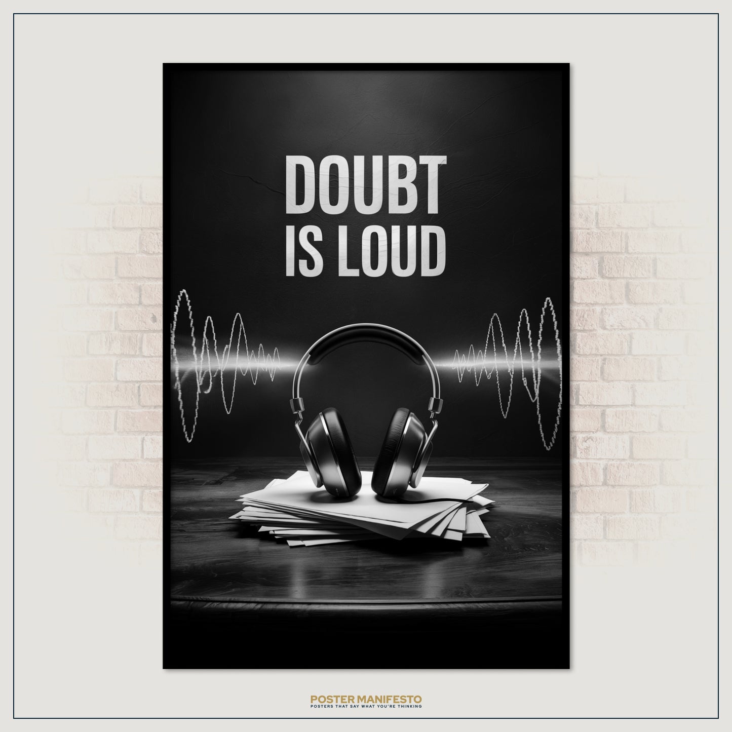 Poster with headphones and text 'DOUBT IS LOUD' on a black background, framed against a brick wall.