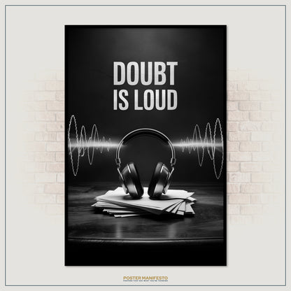 Poster with headphones and text 'DOUBT IS LOUD' on a black background, framed against a brick wall.