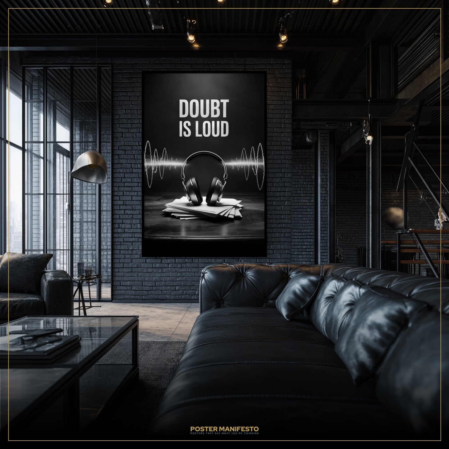 Modern living room with a black sofa and a wall poster displaying 'DOUBT IS LOUD' by Poster Manifesto.