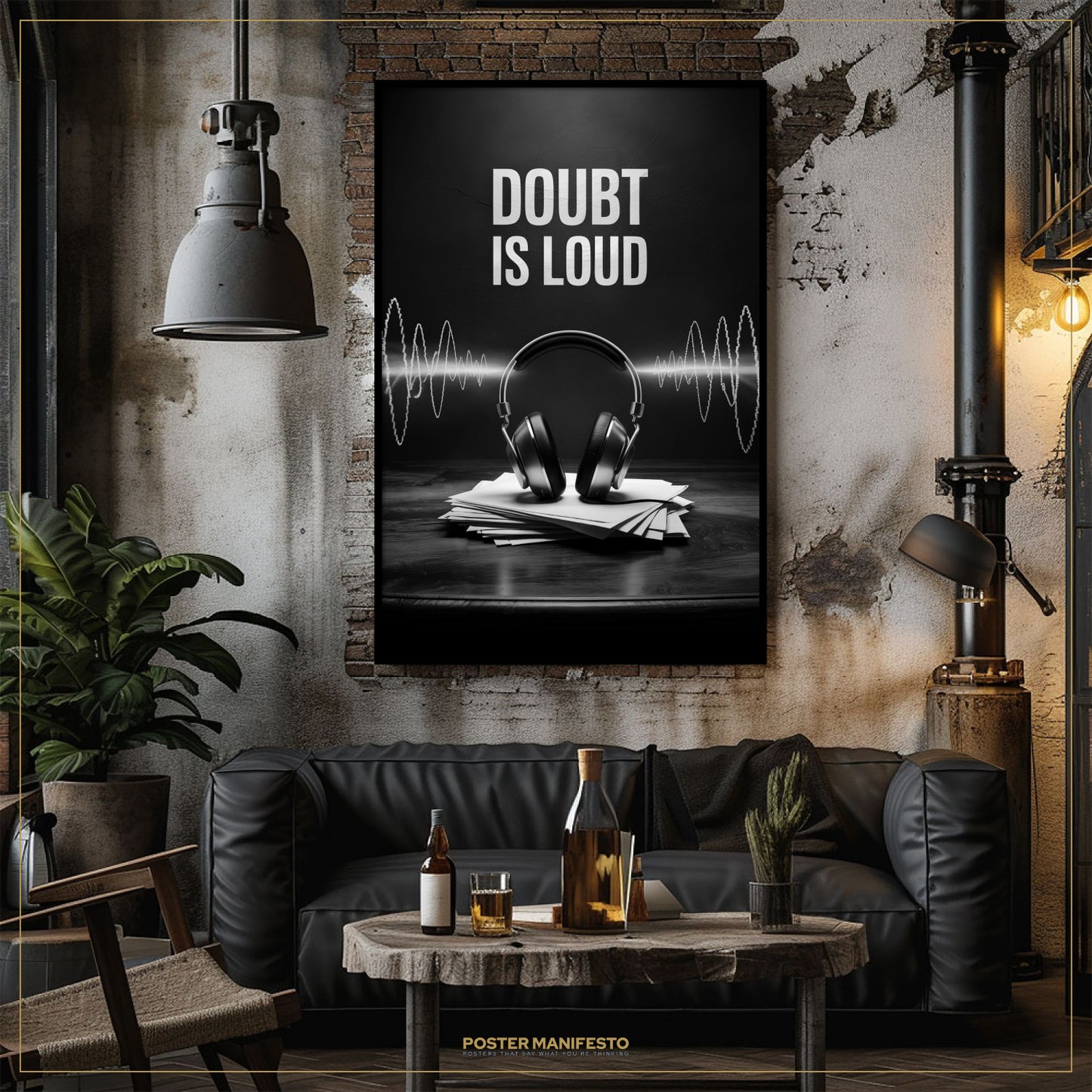 Living room with a 'Doubt is Loud' poster on the wall, a black sofa, and a coffee table with drinks.