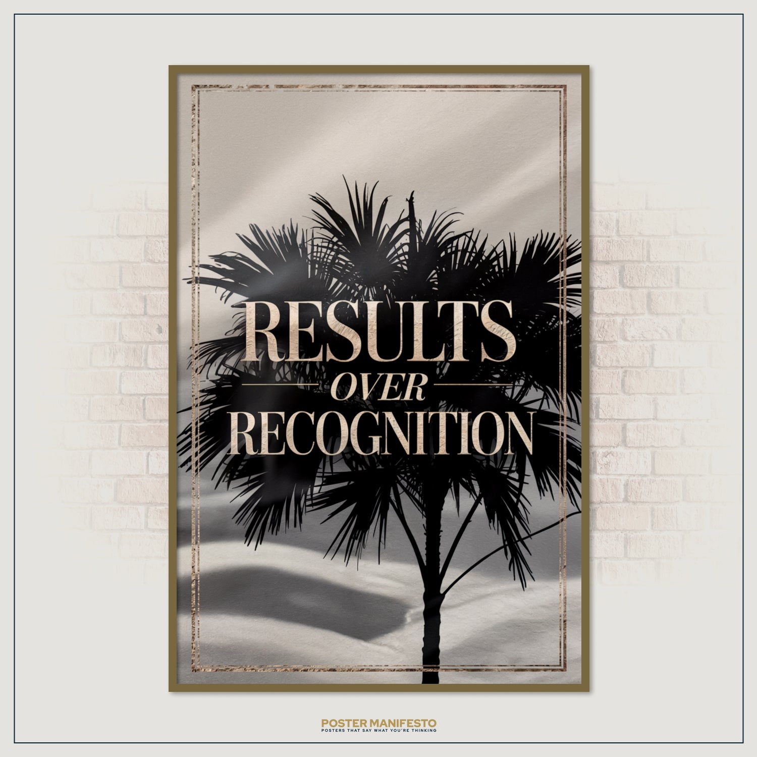 Inspirational wall decor with the quote “Results Over Recognition” framed over palm trees, designed for entrepreneurs, creators, and leaders who value discipline and results.
