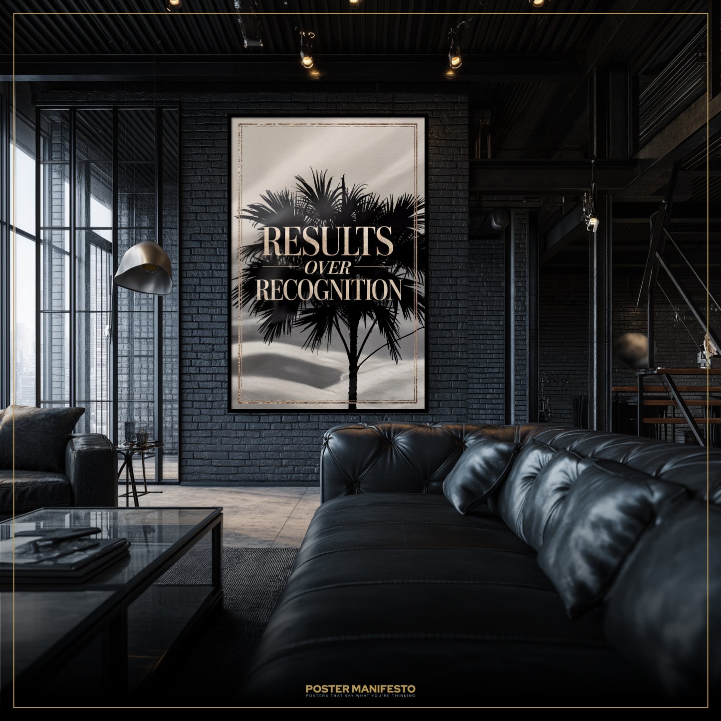Modern living room with a motivational poster on the wall