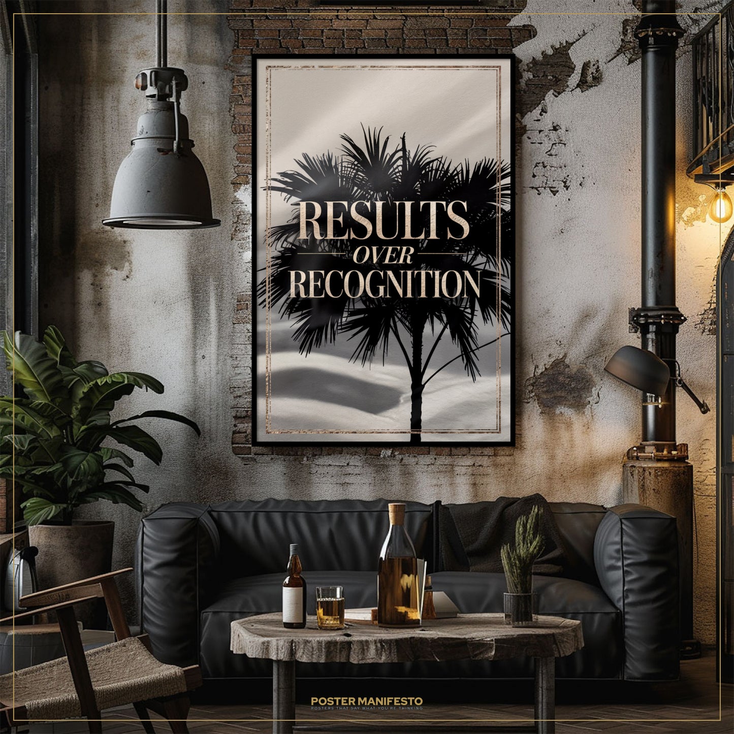 Modern living room with a black leather sofa, wooden coffee table, and 'Results Over Recognition' poster.