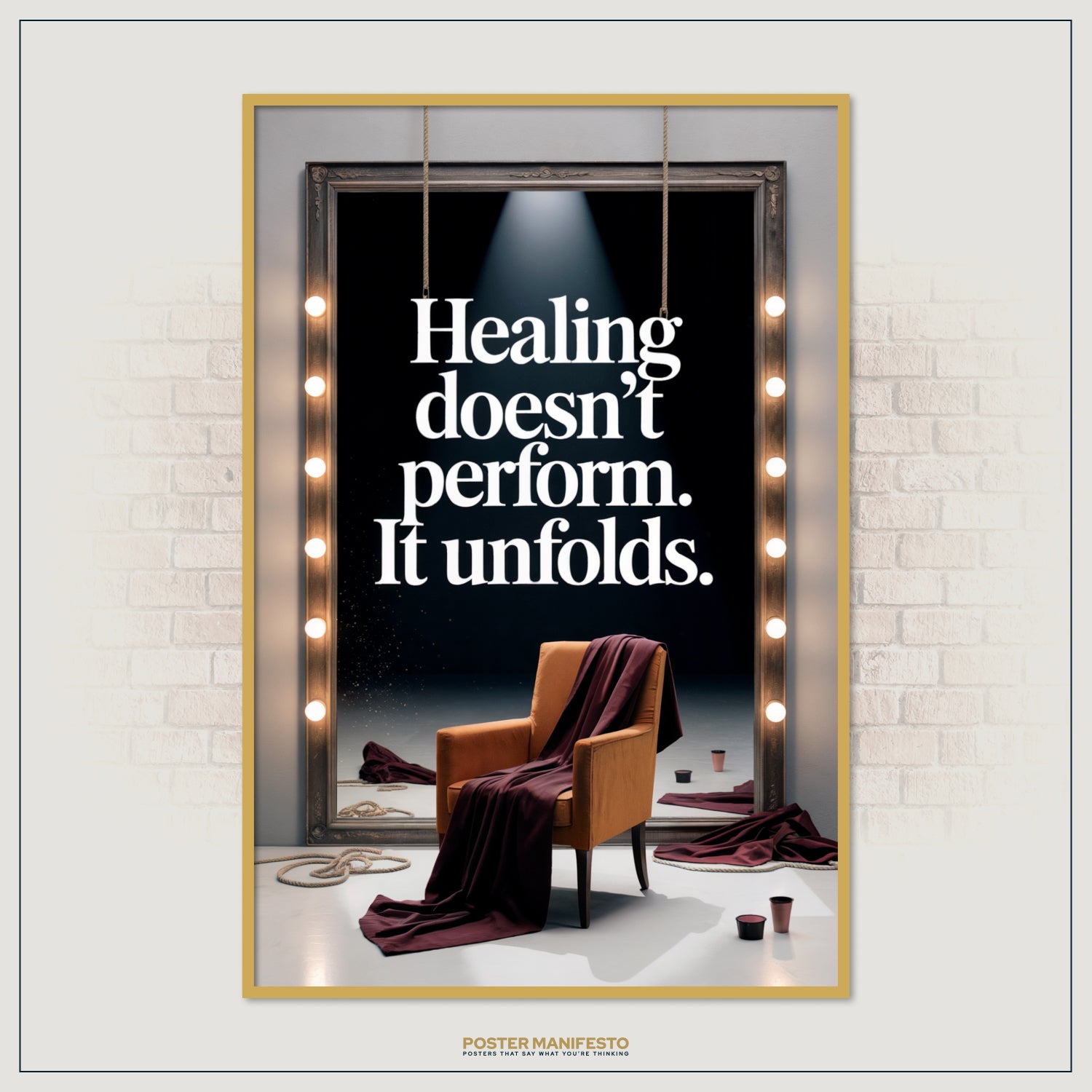 Elegant motivational artwork highlighting the journey of healing with stage lights, drapery, and bold typography designed to inspire emotional depth and authenticity.