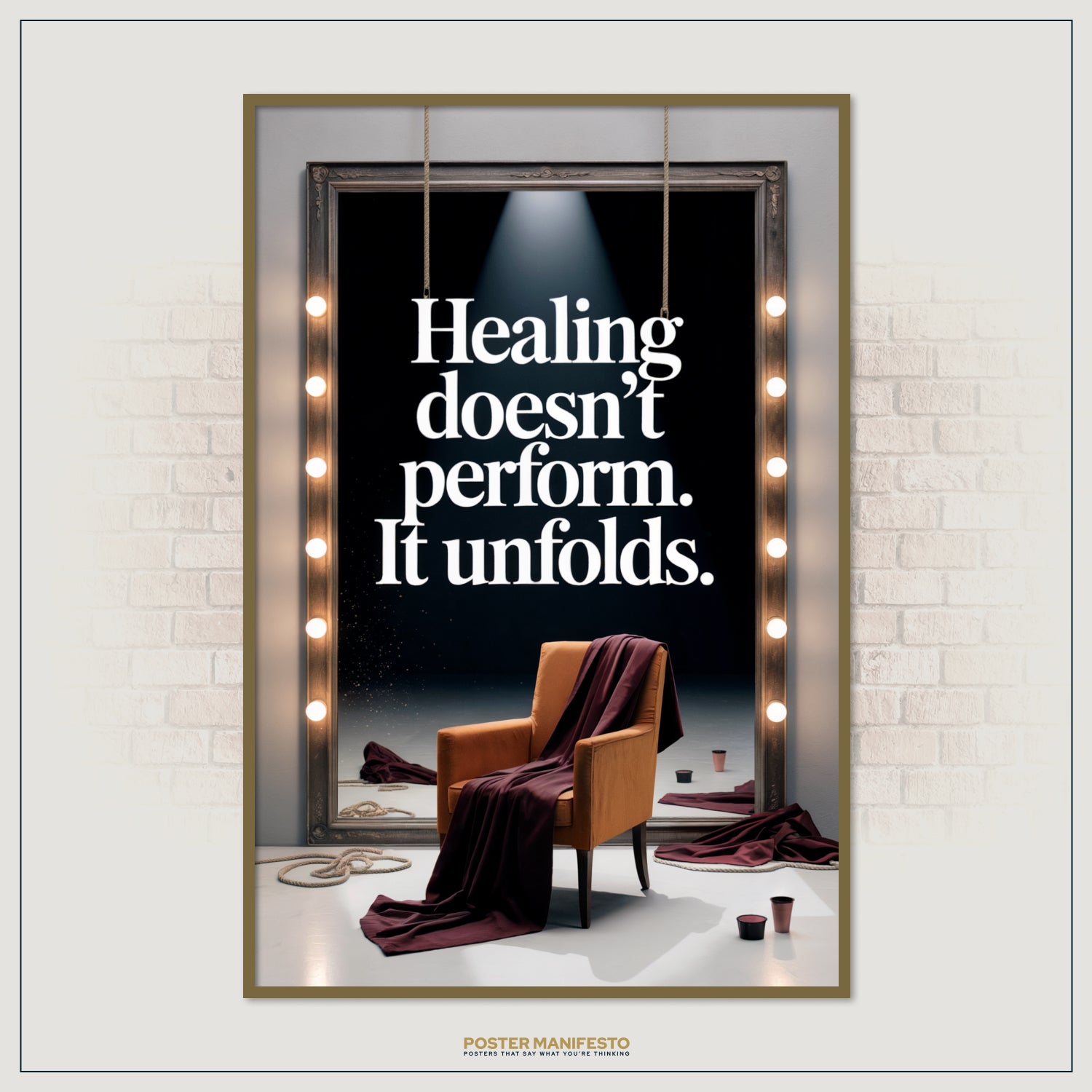 Thoughtful motivational decor featuring bold typography, spotlight design, and symbolic imagery, ideal for spaces focusing on self-growth, therapy, or personal reflection.