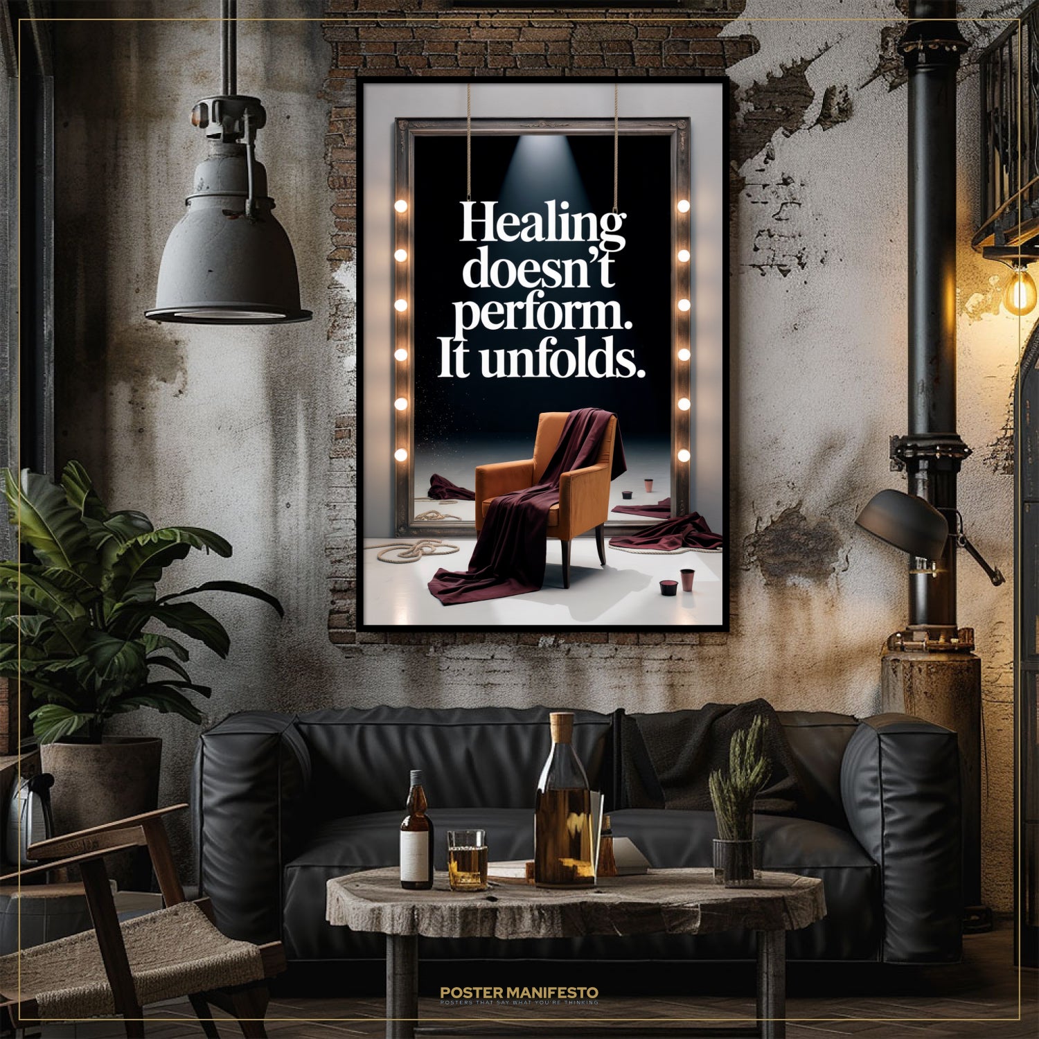 Living room with a framed quote on the wall, a couch, and a coffee table.
