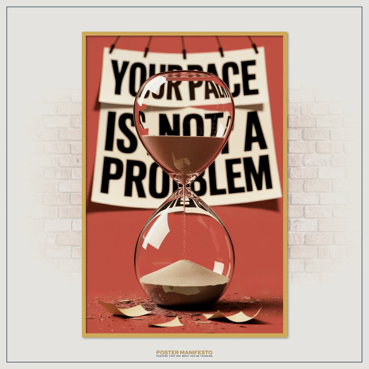 Unique motivational decor showcasing a realistic hourglass against bold fragmented text, designed to inspire patience and personal growth.