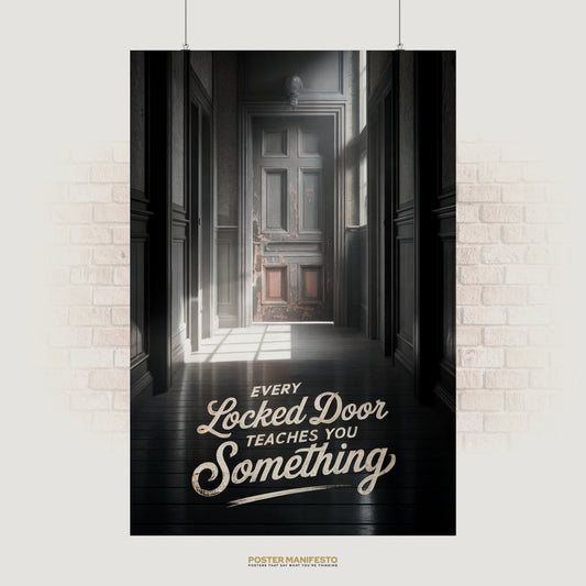 Motivational poster with a dramatic hallway and weathered locked door, featuring the words “Every Locked Door Teaches You Something” in bold typography.