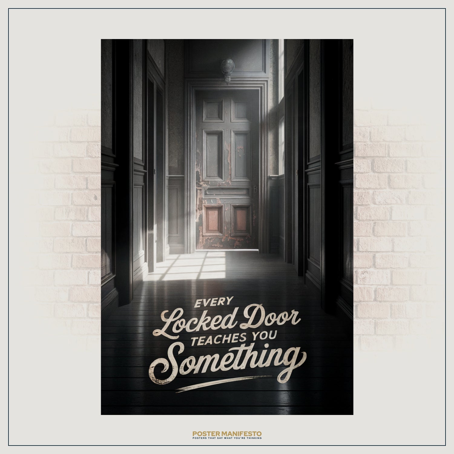 Inspirational wall art depicting a closed door illuminated by soft light, symbolizing obstacles and lessons hidden within challenges.