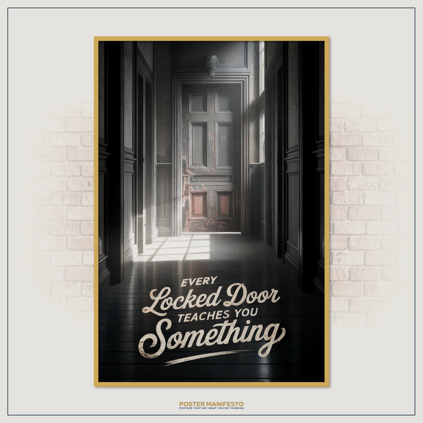 Elegant motivational poster with textured lettering and a moody interior hallway, designed to inspire resilience and persistence.
