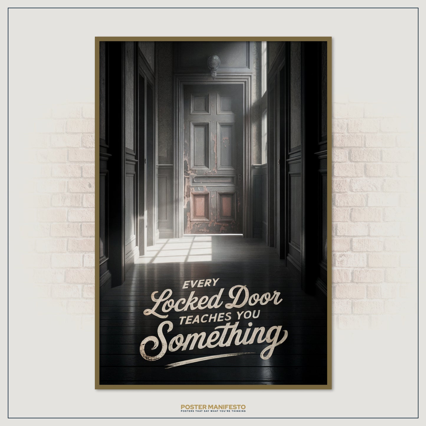Motivational wall decor combining vintage-style hallway imagery with empowering words about learning from every closed opportunity.