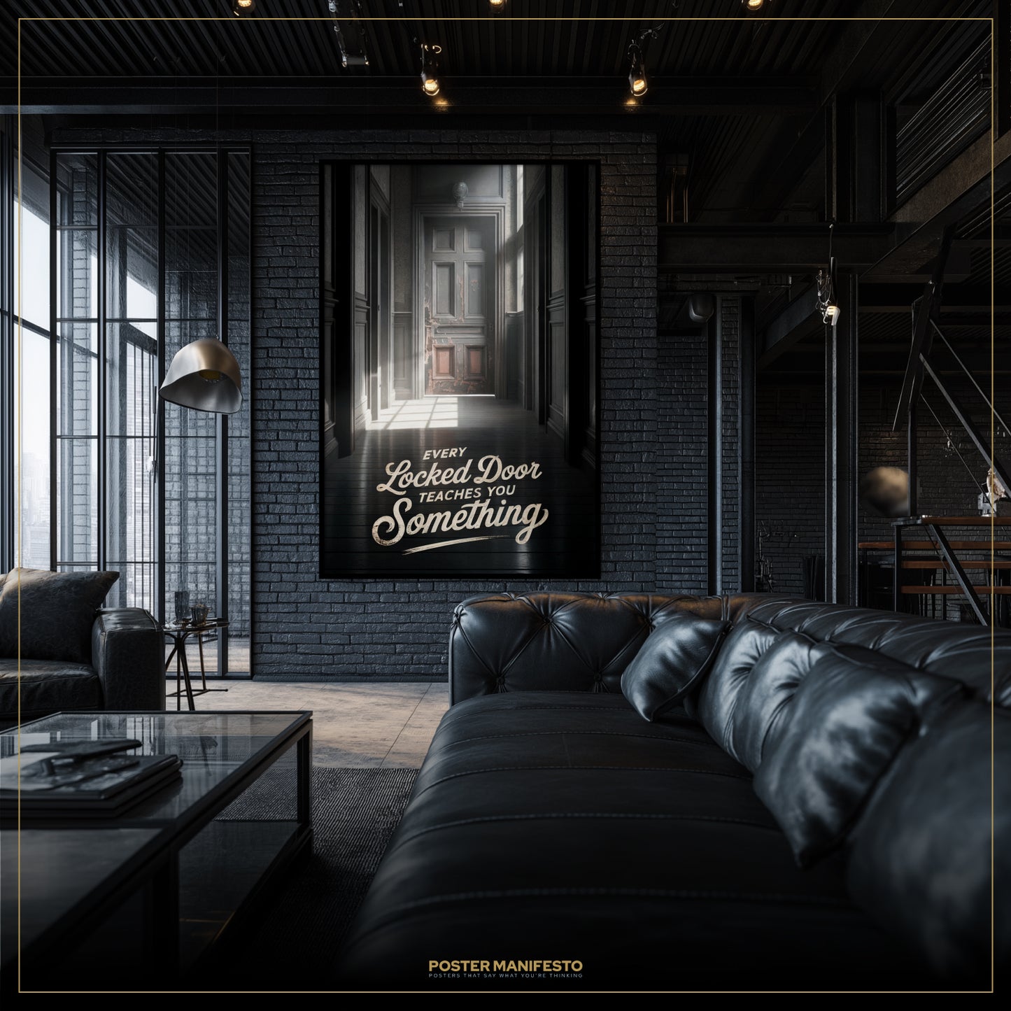 Modern living room with a black leather sofa and a framed poster on the wall.