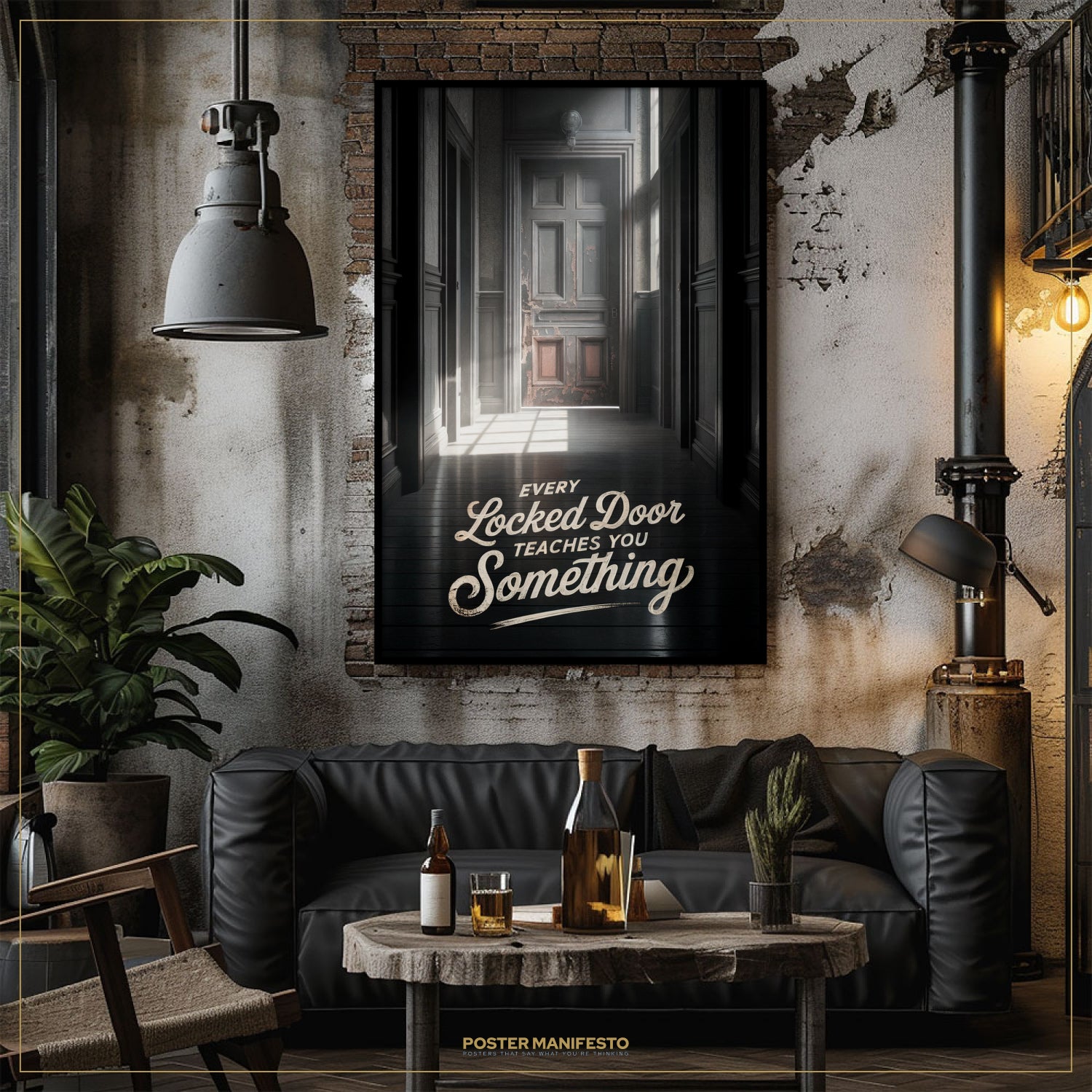 Modern living room with a black sofa, wooden coffee table, and framed poster on the wall.