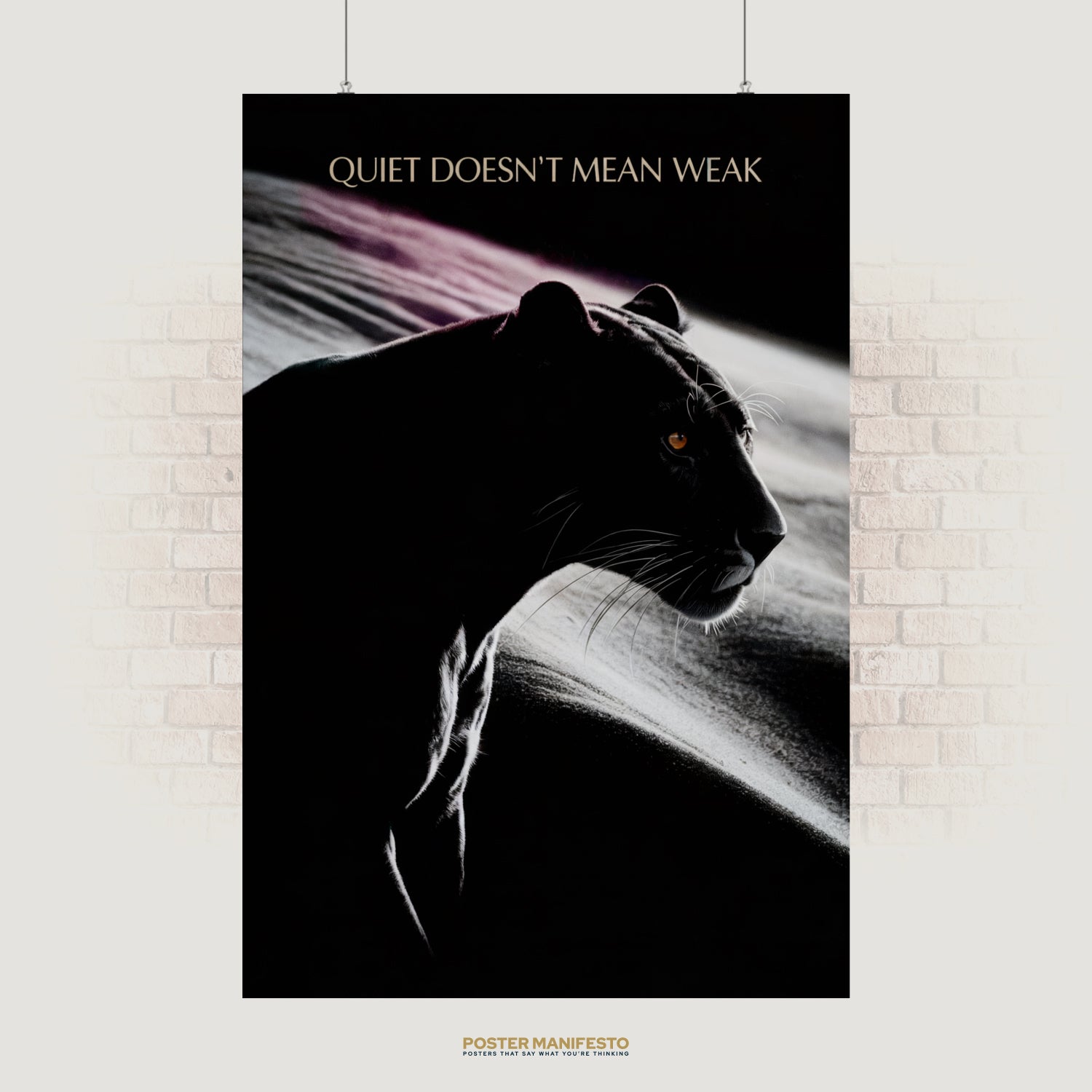 Motivational poster with a black panther in dramatic lighting and the phrase “Quiet Doesn’t Mean Weak,” symbolizing silent strength and confidence.