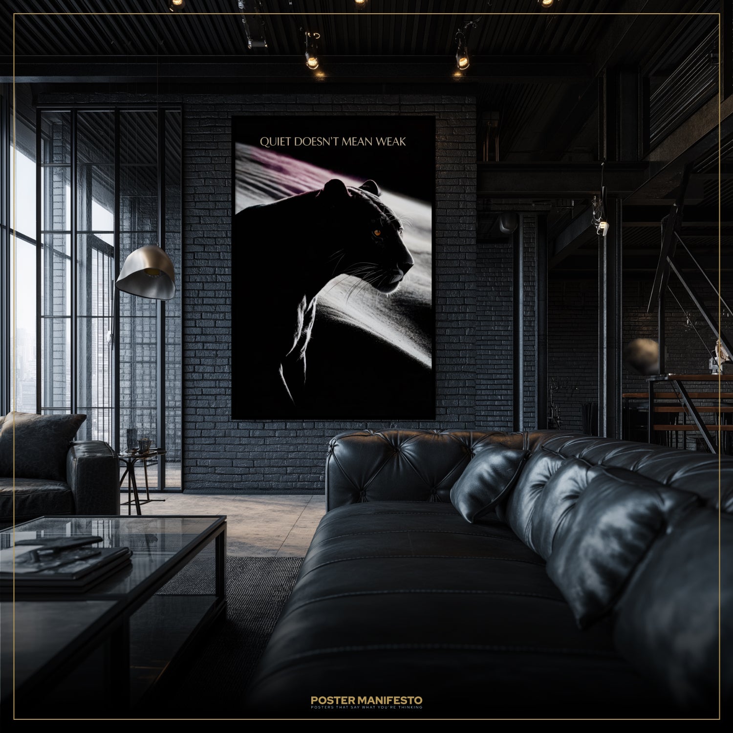 Modern living room with a black leather sofa and a large framed poster on the wall.