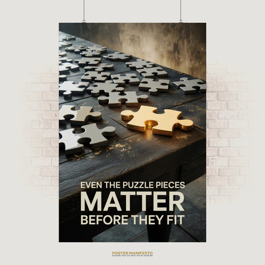 Motivational wall poster featuring metallic puzzle pieces on a rustic table with a glowing golden piece, symbolizing patience and growth.