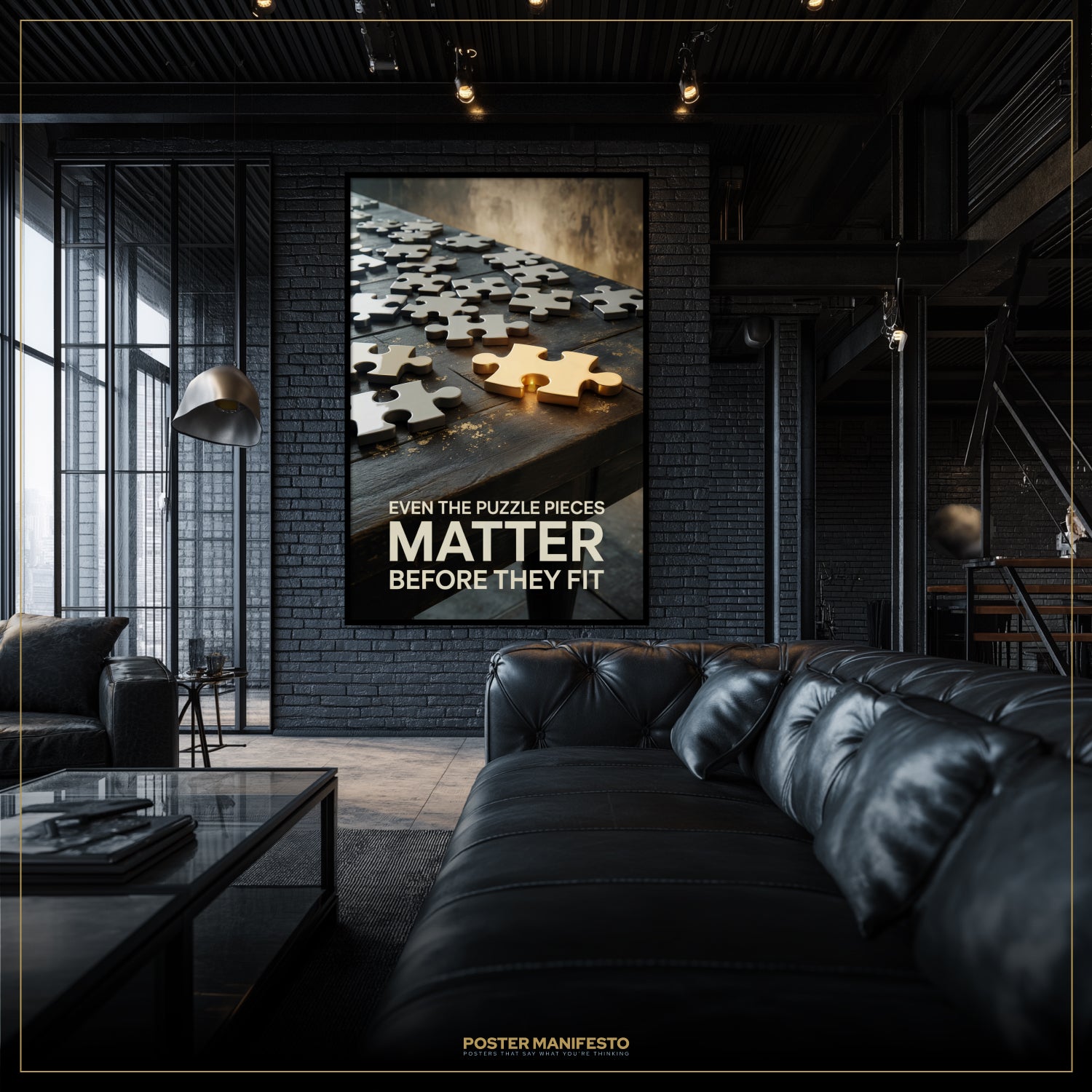 Modern living room with a large framed puzzle poster on a brick wall.