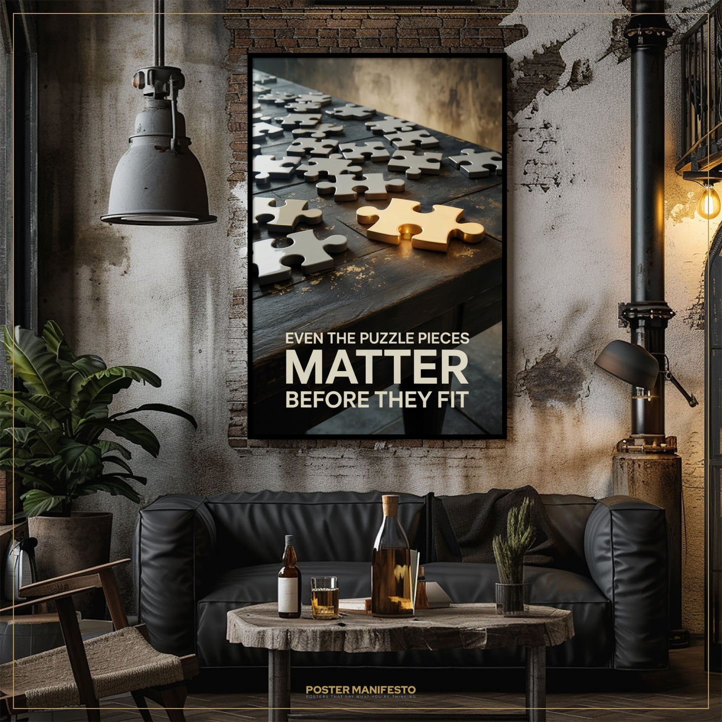 Living room with a black leather sofa, wooden coffee table, and a motivational poster on the wall.