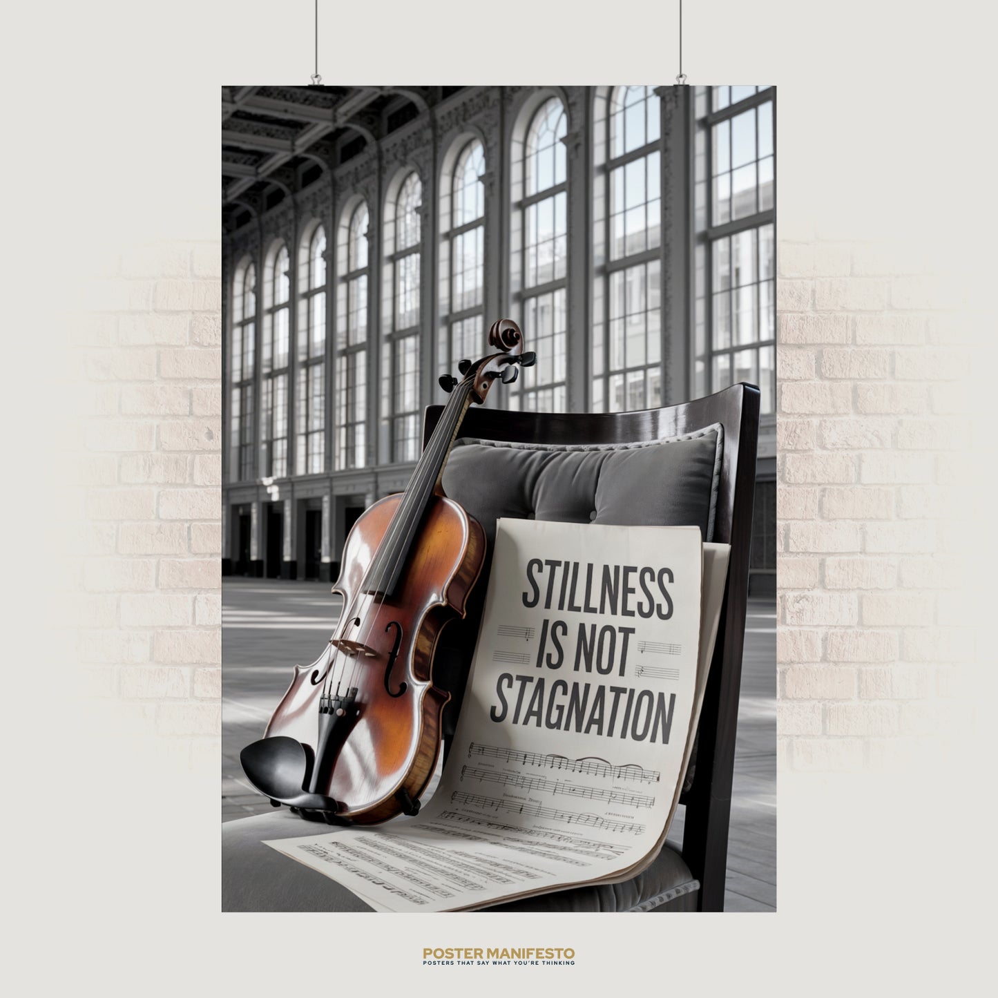 Inspirational wall art showing a violin on a chair with sheet music reading “Stillness Is Not Stagnation,” symbolizing patience and growth.
