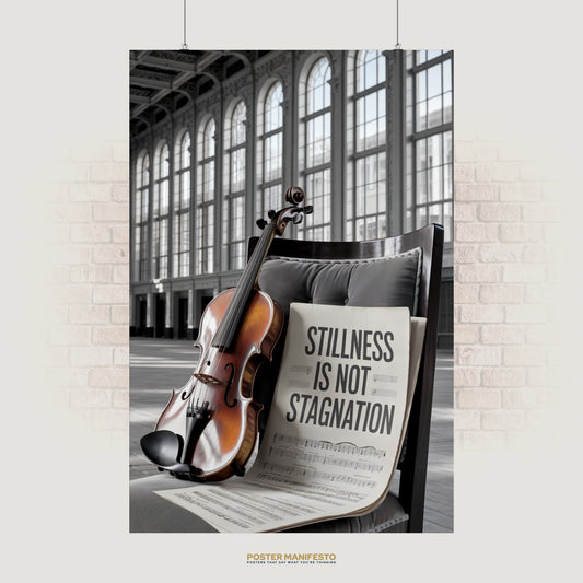 Inspirational wall art showing a violin on a chair with sheet music reading “Stillness Is Not Stagnation,” symbolizing patience and growth.