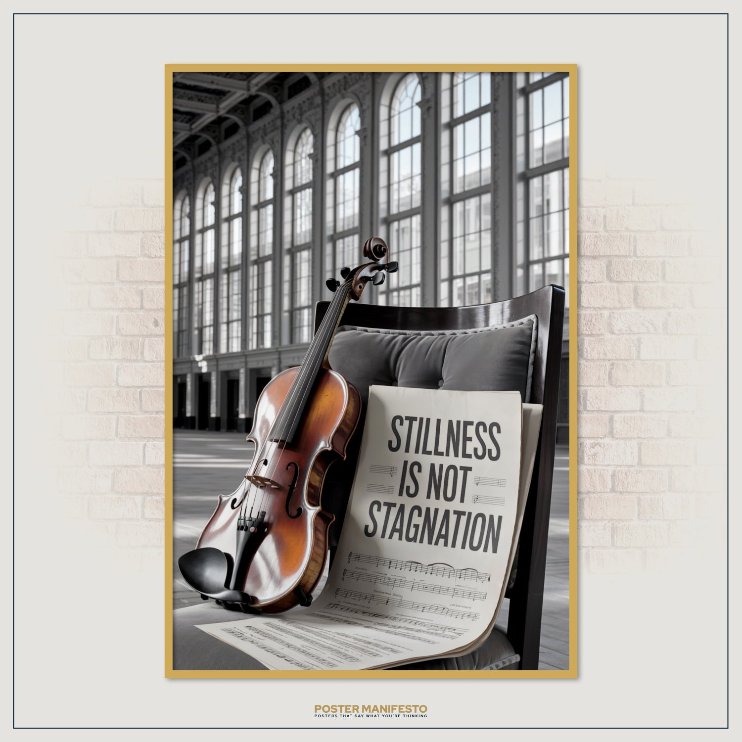Elegant décor print featuring a violin and inspirational sheet music, ideal for music rooms and studios.