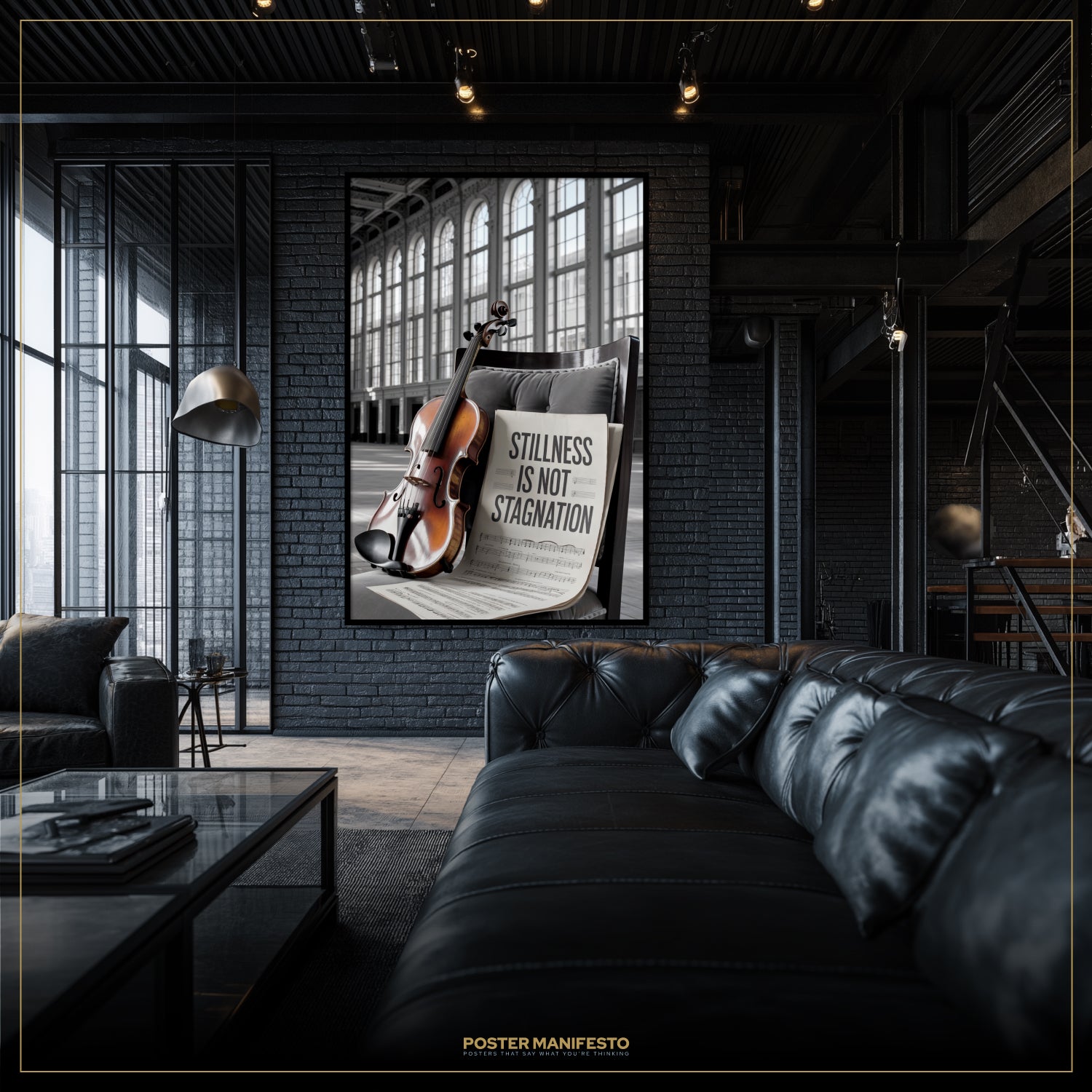 Modern living room with a black leather sofa, glass coffee table, and a framed poster on the wall.