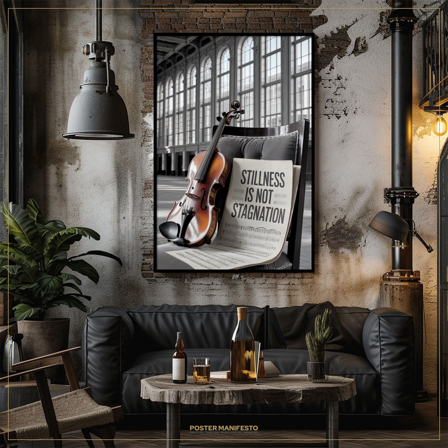 Living room with a black leather sofa, wooden coffee table, and wall art featuring a violin and newspaper.