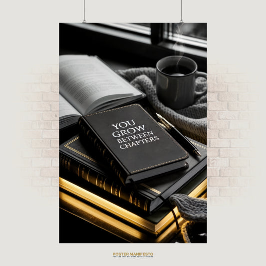 Inspirational wall art featuring a journal with the quote “You Grow Between Chapters” surrounded by books and a warm cozy setting.