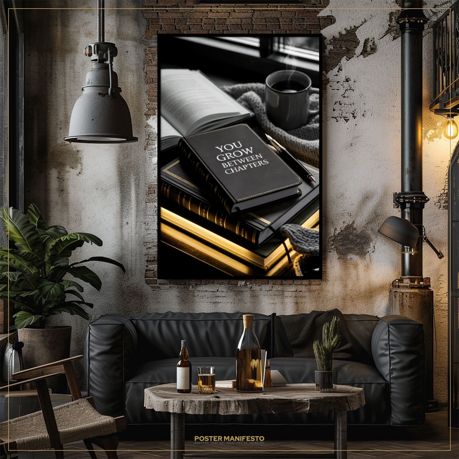 Modern living room with a black leather sofa, wooden coffee table, and framed poster on the wall.