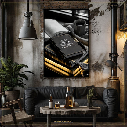 Modern living room with a black leather sofa, wooden coffee table, and framed poster on the wall.