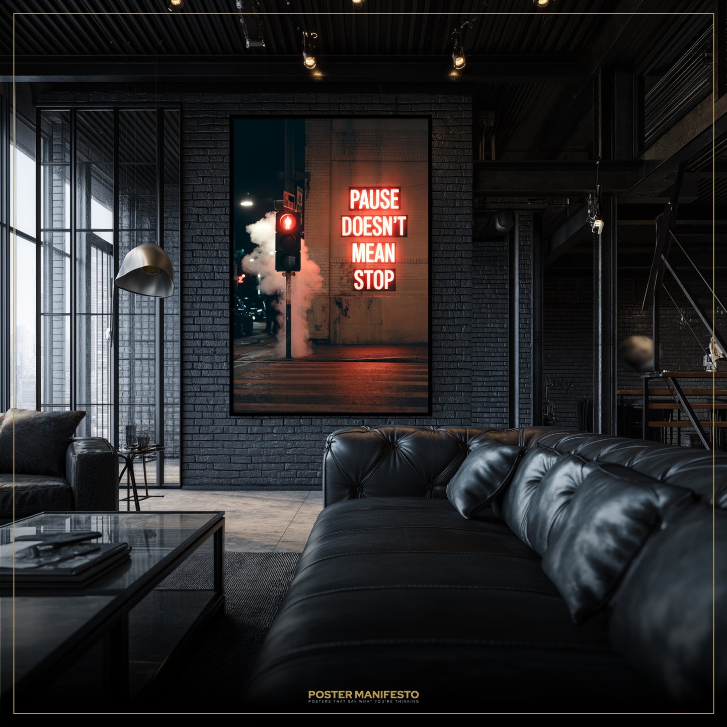 Modern living room with a dark brick wall, black leather sofa, and a large framed poster.
