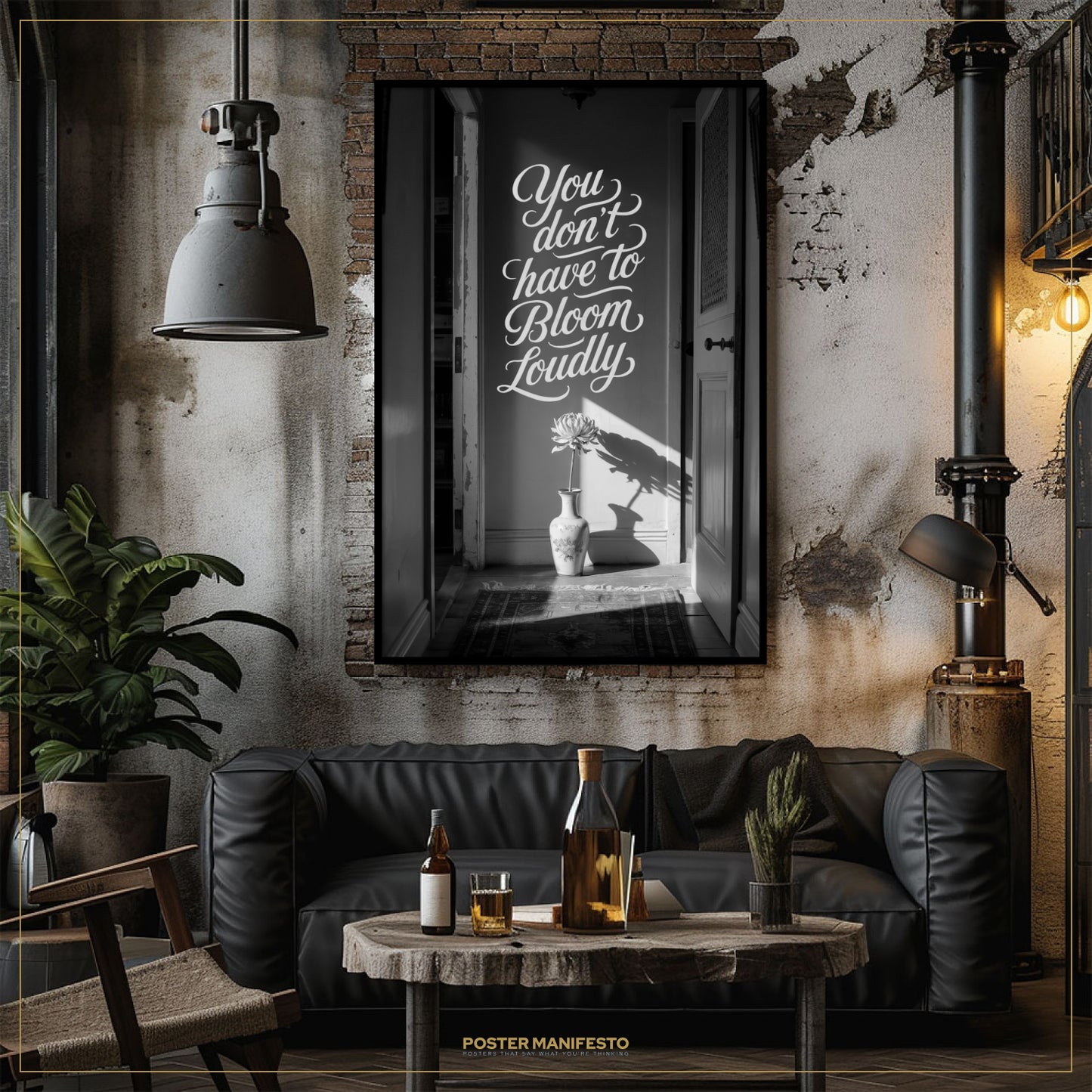 Modern living room with a black sofa, wooden coffee table, and framed poster on the wall.