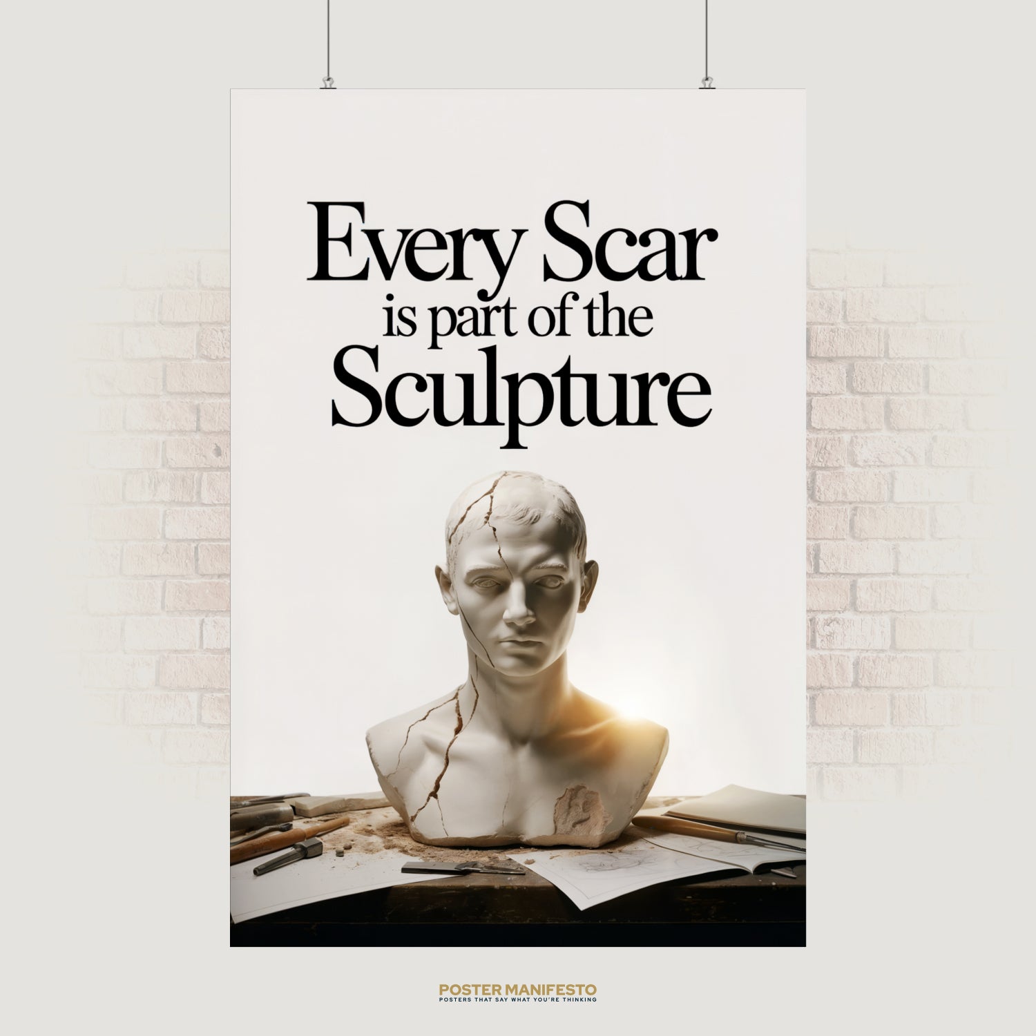 Motivational poster with a cracked marble bust and the quote “Every Scar Is Part of the Sculpture” symbolizing resilience and healing.