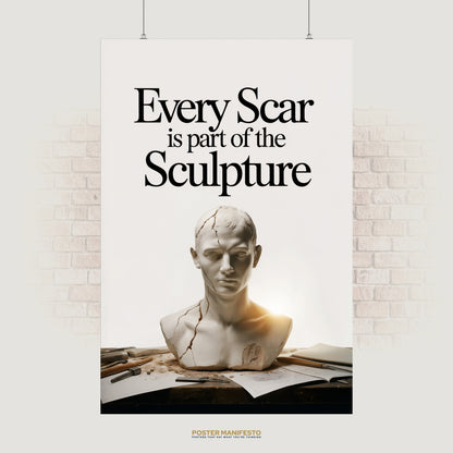 Motivational poster with a cracked marble bust and the quote “Every Scar Is Part of the Sculpture” symbolizing resilience and healing.