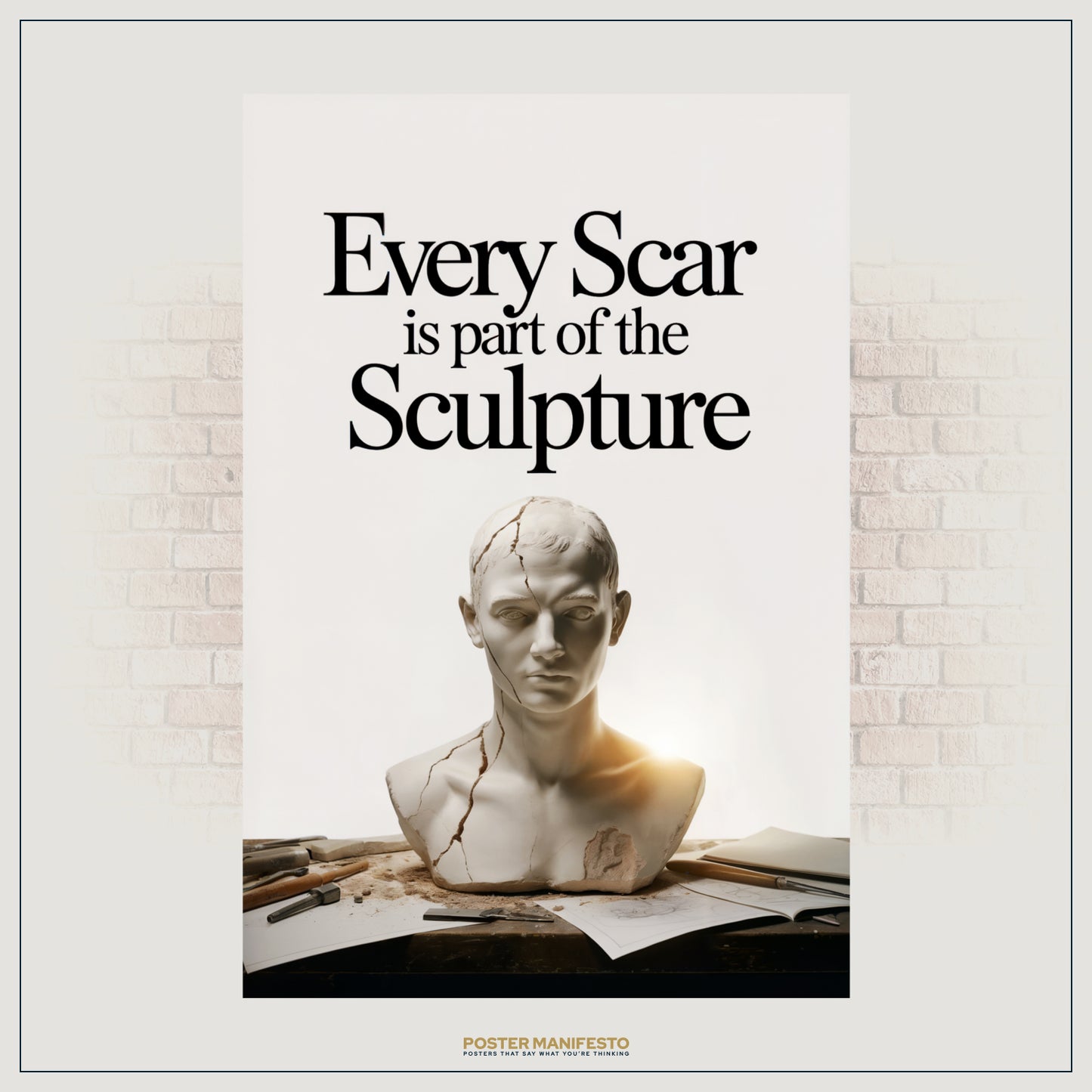 Inspirational wall art featuring a sculpture with scars that highlight beauty in imperfection and strength in vulnerability.