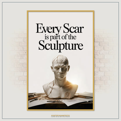 Artistic motivational print showing a cracked bust under warm light with an empowering message about scars and growth.