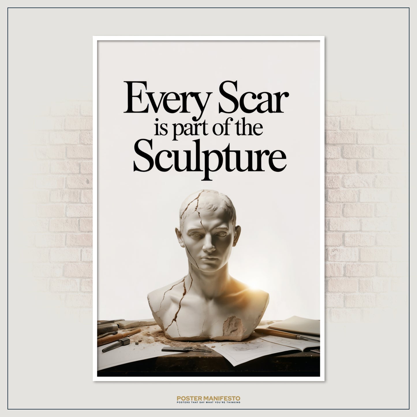 Modern motivational décor with a sculpture bust and quote reminding that flaws are part of life’s masterpiece.