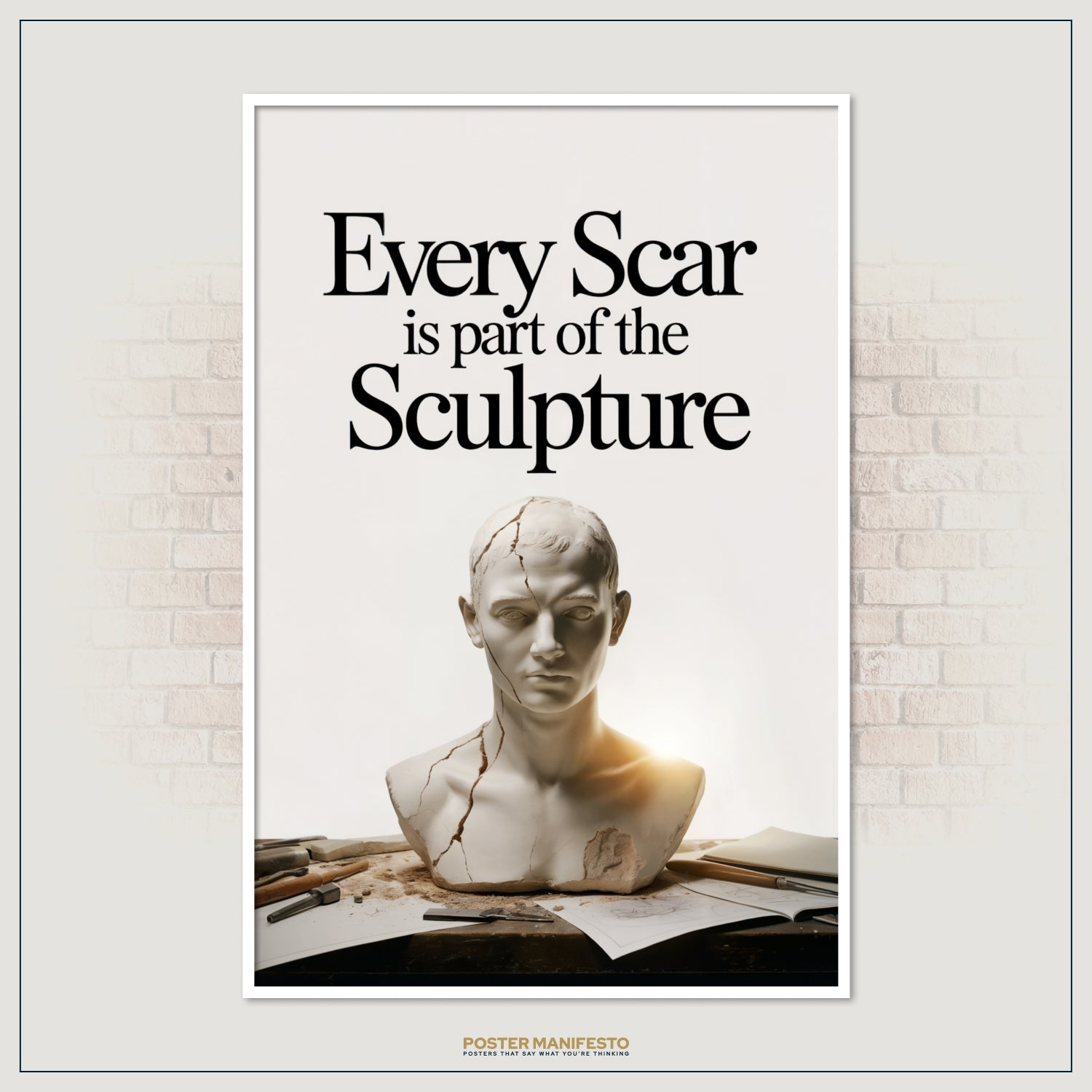 Modern motivational décor with a sculpture bust and quote reminding that flaws are part of life’s masterpiece.