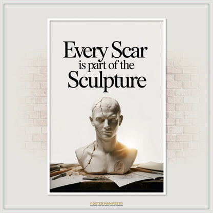 Modern motivational décor with a sculpture bust and quote reminding that flaws are part of life’s masterpiece.