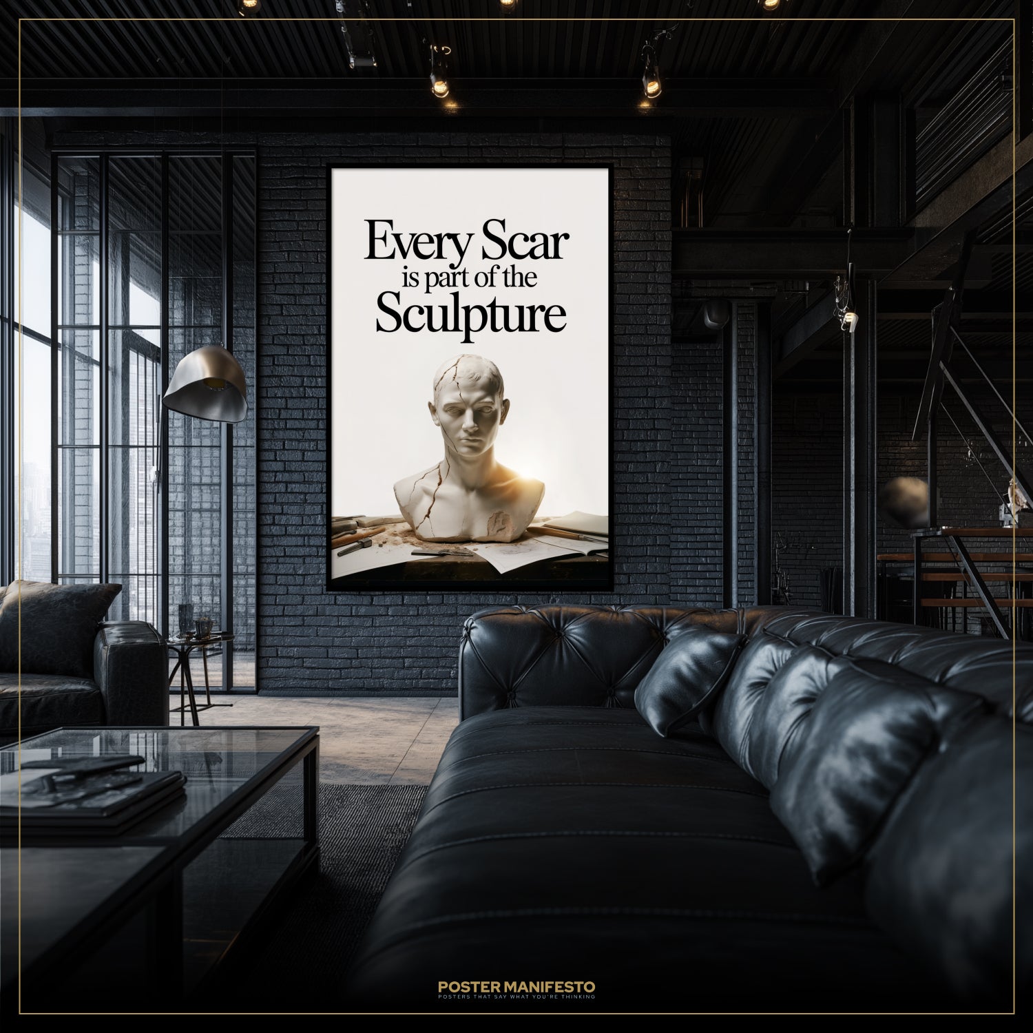 Poster with text 'Every Scar is part of the Sculpture' in a modern living room.