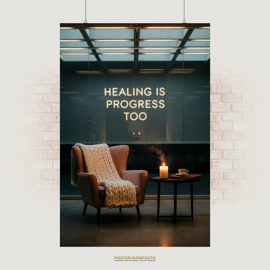 Inspirational poster with the quote “Healing Is Progress Too” glowing on a wall above a cozy armchair and candle.