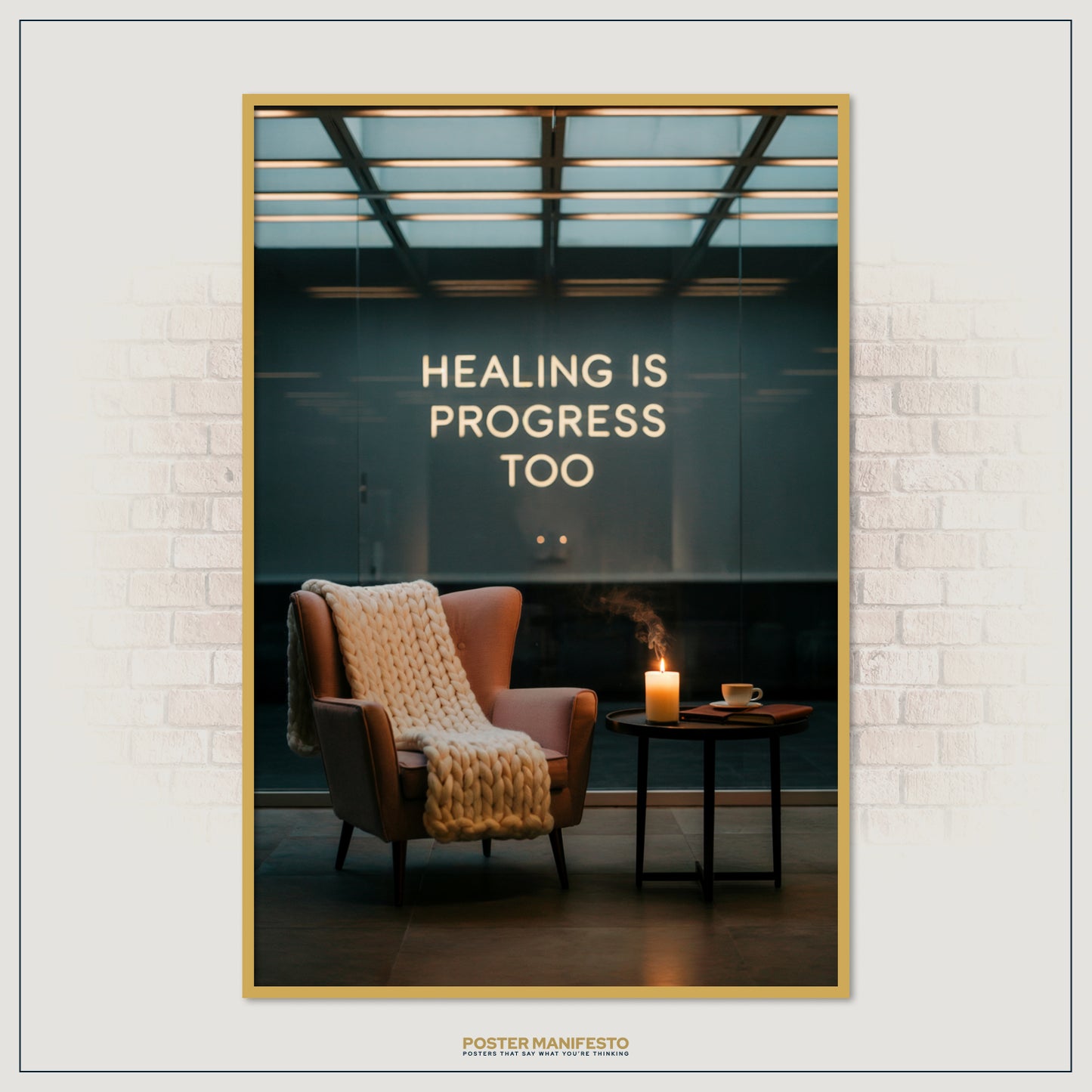 Self-care wall art featuring a modern cozy setup and an inspirational reminder about healing as progress.
