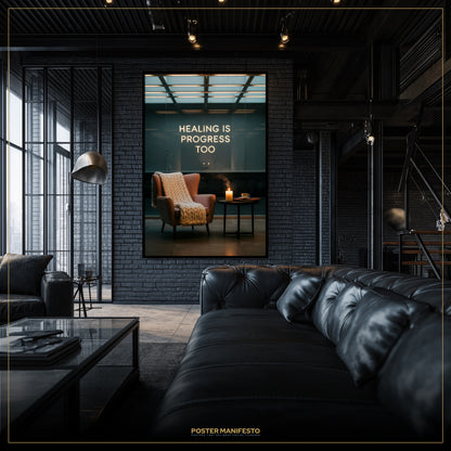 Modern living room with a large framed poster on the wall, featuring an interior scene with text 'HEALING IS PROGRESS TOO'.