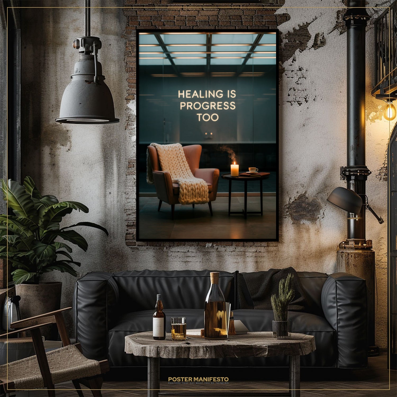 Modern living room with a dark leather sofa, wooden coffee table, and wall art.